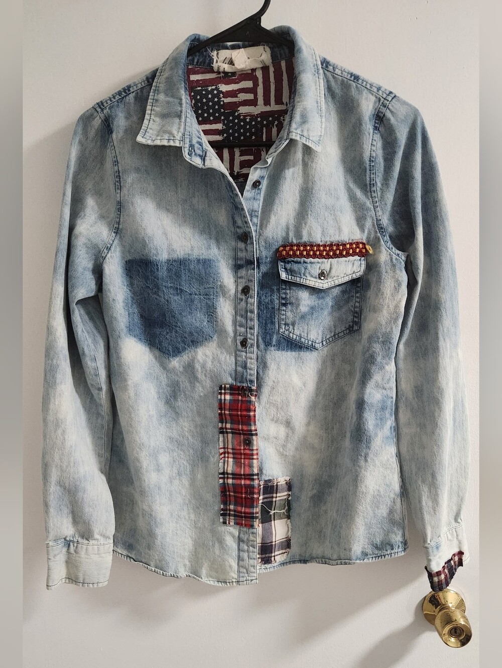 White Crow Light Wash Denim Button-Up Shirt with Plaid Patch Details , Size S